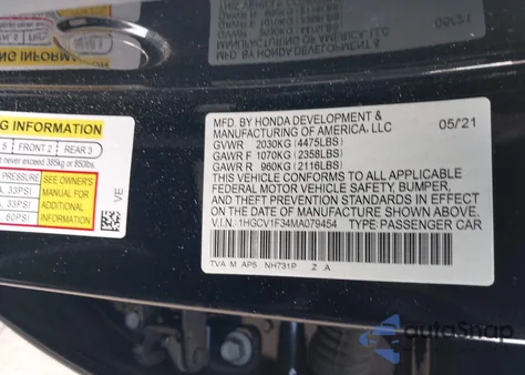 2021 Honda Accord Sport from USA, damaged, VIN 1HGCV1F34MA079454